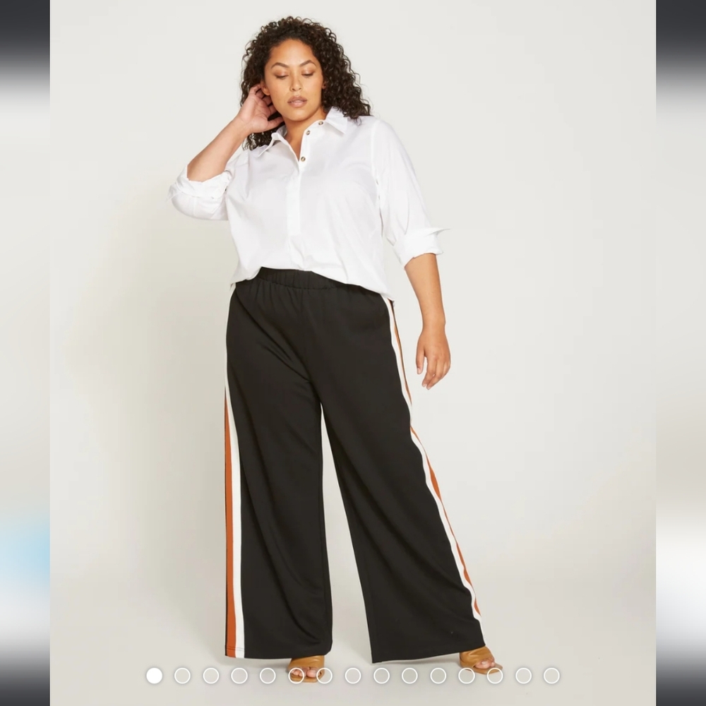 Black Wide-Leg Pants with White and Ochre Stripes